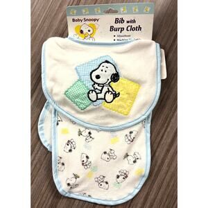 Vintage Baby Snoopy Bib & Burp Cloth Set One Size White Blue Snoopy Patch